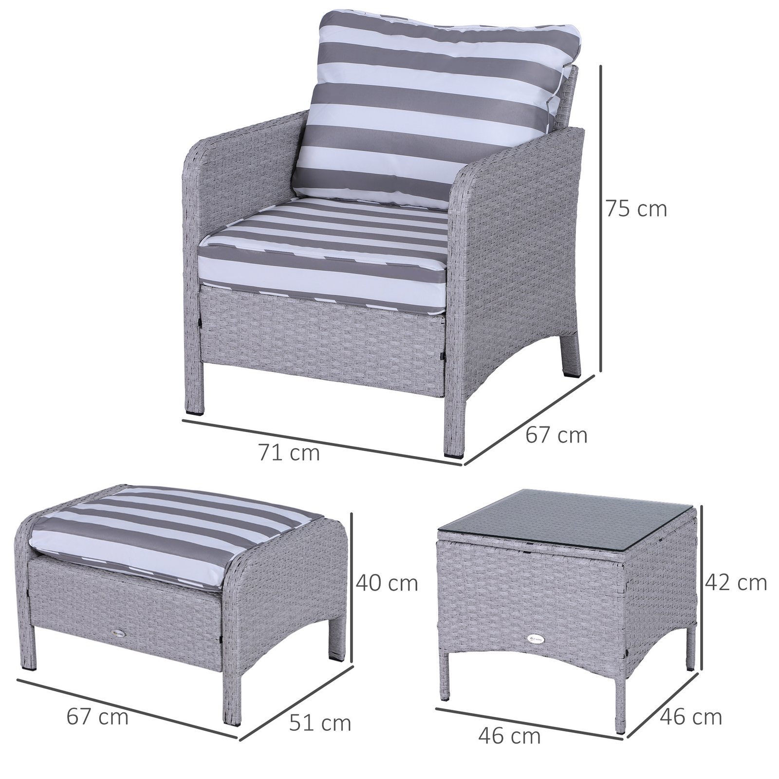 5 Pieces PE Rattan Garden Furniture Set With 10cm Thick Padded Cushions, Wicker Weave Outdoor Seating Chairs With 2 Armchairs, 2 Stools, Glass Top Table, Grey And White - Image 3