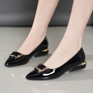 Womens Mid-heel Chunky-heel Soft-soled Low-cut Soft-leather Pumps