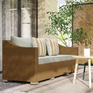 Rattan Wicker 3 Seater Patio Couch With Cushions, 2 Throw Pillows, Outdoor Furniture Rattan Sofa, Light Gray