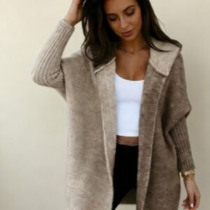 New Style Women's Color-blocked Hooded Knitted Cardigan, Large-sized Mid-length Sweater For Autumn And Winter, Women's Outerwear