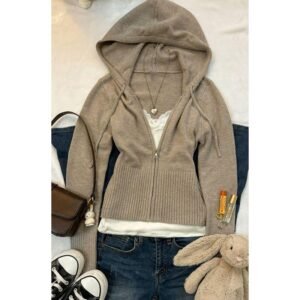 Slimming Flattering Hooded Zip Up Knit Cardigan