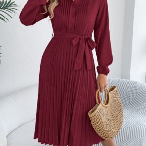 Solid Color Lapel Long Sleeve Waist Pleated Dress