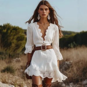 Solid-color Lace-trimmed V-neck Short-sleeve Dress With Lace Detailing