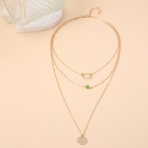 Fashionable Green Diamond Disc Square Alloy Necklace With 3 Layers