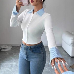 Women's Slimming Lapel Long Sleeve Fake Two-Piece Shirt