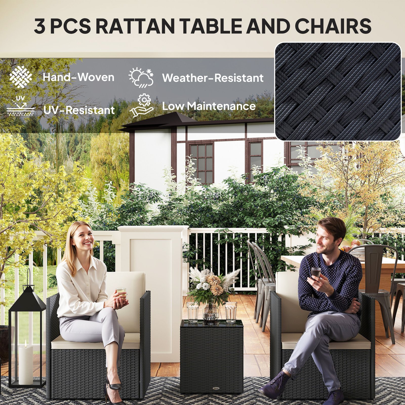 Folding Wicker Bistro Set, 3 Piece Patio Furniture Set With Cushions And Glass Coffee Table For Porch, Balcony, Black - Image 4