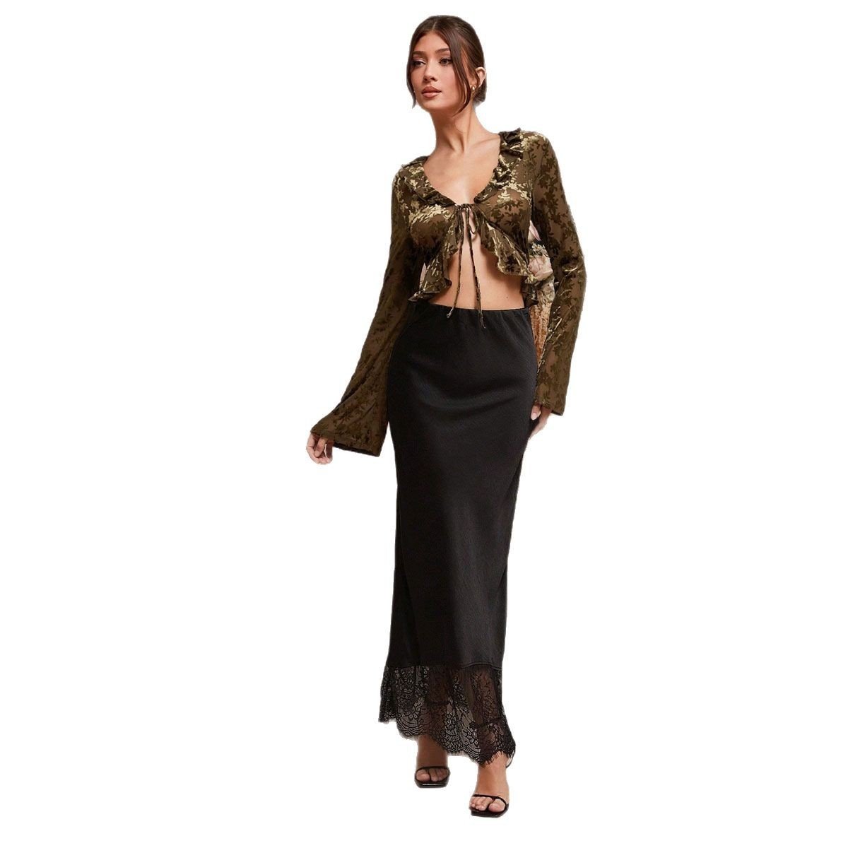 Lace Patchwork Satin Dress With A Luxurious Touch For Socialites - Image 4