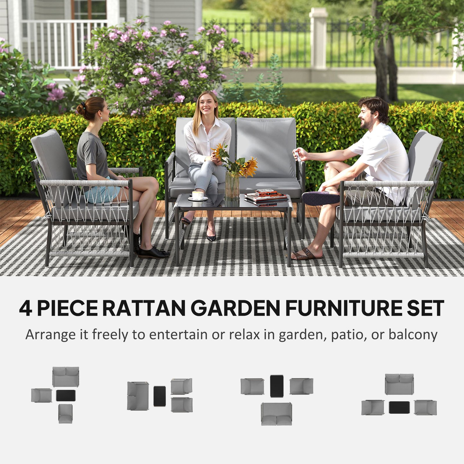 4 Piece Rattan Garden Furniture Set, 4 Seater Wicker Patio Conversation Set With 2 Armchairs, Loveseat, Glass Top Coffee Table And Cushions For Outdoor, Balcony, Grey - Image 4