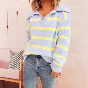 Simple Commute Stripes Contrast Color Lapels Loose-fitting Long Sleeve Sweater