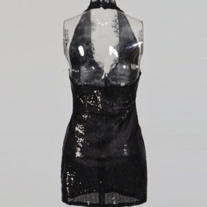Fashionable Neck Hanging Sequin Waist Cinching Short Dress