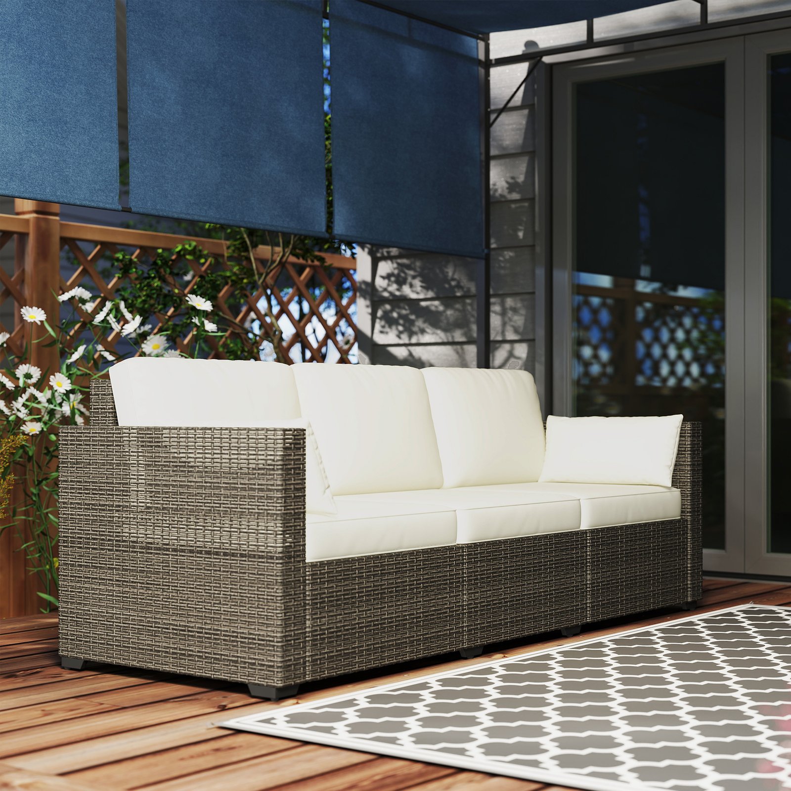 Patio Couch PE Wicker Deep Seating Outdoor Sofa with Removable Cushions, 3 Seater Rattan Sofa, Outdoor Furniture for Balcony, Deck, Garden and Poolside, Cream White - Image 7