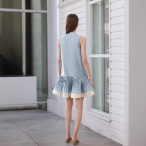 Womens Crew-Neck Vest Pleated Patchwork Sleeveless Dress