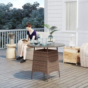 Wicker Garden Rattan Table, Patio Furniture Outdoor Coffee Table With Umbrella Hole And Tempered Glass Top, Brown