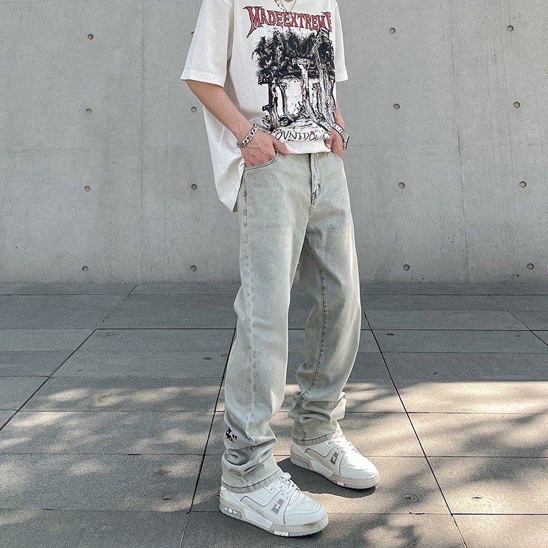 American Vintage Washed Distressed Yellow Mud Dye Letter Print Jeans - Image 4