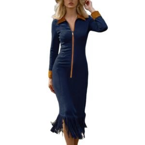 Faux Deerskin Velvet Contrast-color Long-sleeve Slim-fit Dress