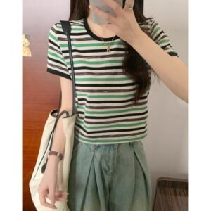 Women's Green Striped Regular-fit Slim Short-sleeve T-shirt