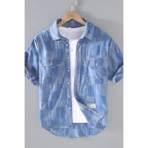 Summer Thin Plaid Men's Denim Printing Short Sleeve