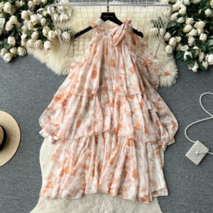 Rare Vacation-style Floral Chiffon Dress