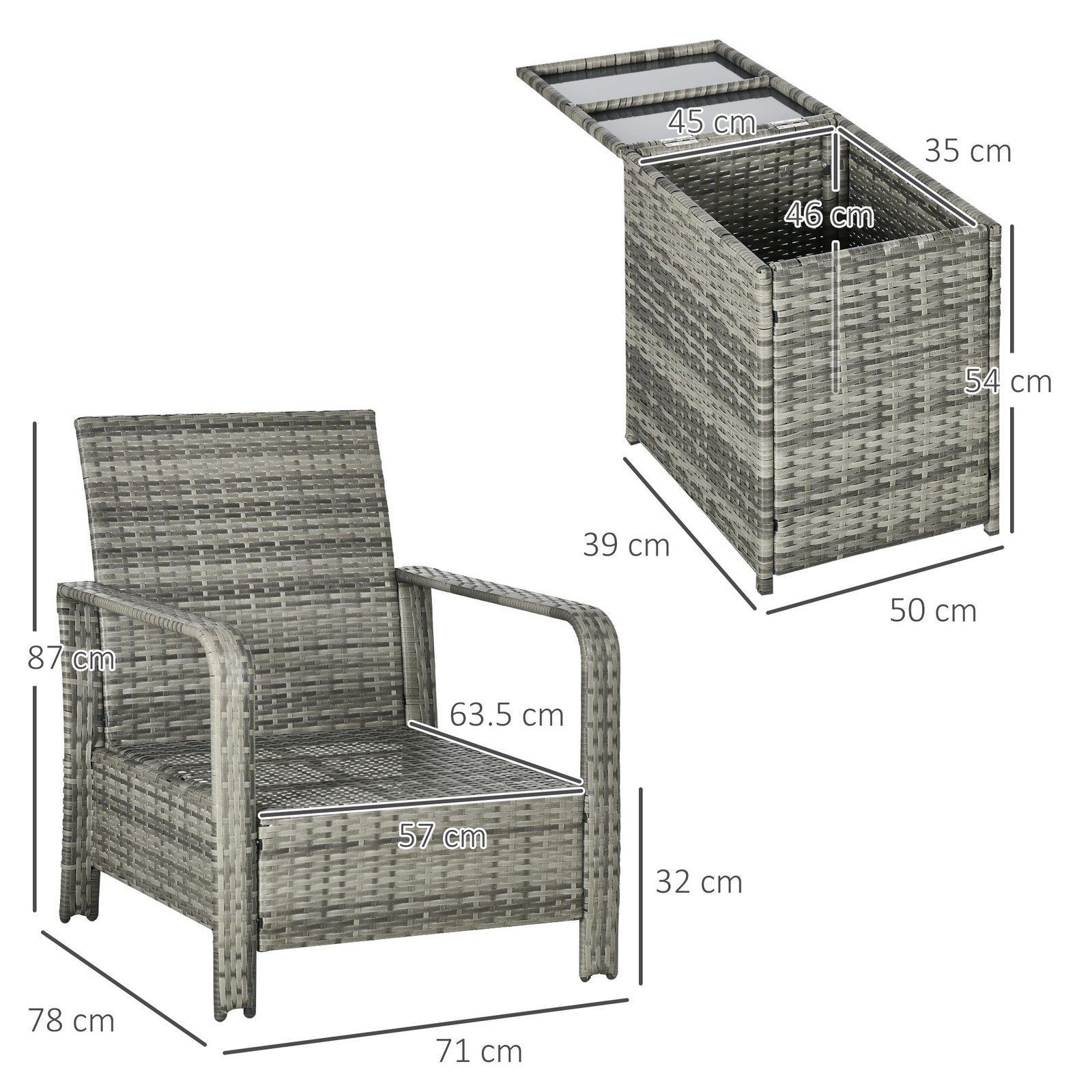 3 Pieces Rattan Bistro Set, Wicker Garden Furniture Set With Storage Coffee Table And Chairs, Thickened Cushions For Outdoor, Patio, Balcony, Orange - Image 3