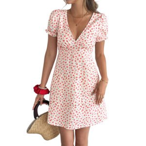 Sweet Womens Vacation Bubble Sleeve V-Neck Dress