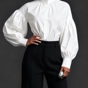 Stylish And Elegant Womens Pleated High-neck Blouse With Puffed Sleeves
