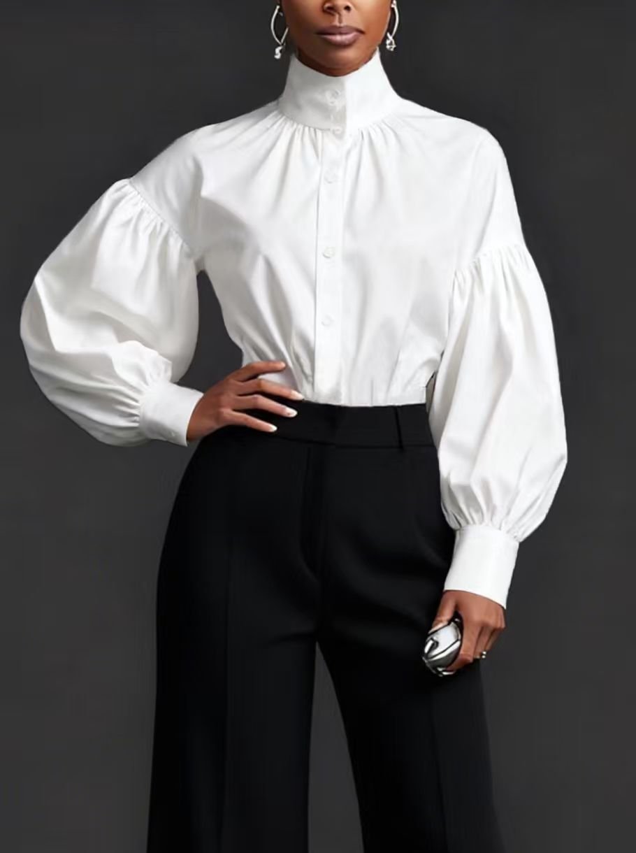 Stylish And Elegant Womens Pleated High-neck Blouse With Puffed Sleeves - Image 6