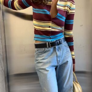 Retro-collar Slimming Versatile Striped Sweater