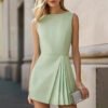 New Solid-color Sleeveless French-style Waist-cinching Slimming Pleated Dress