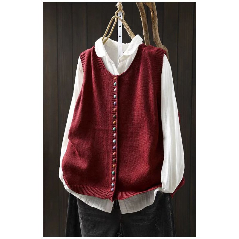 Spring And Autumn Outer Wear Solid Color And V-neck Color Buckle Knitted Cardigan Vest Vest For Women - Image 3