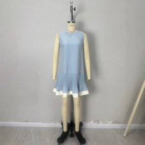 Womens Crew-Neck Vest Pleated Patchwork Sleeveless Dress