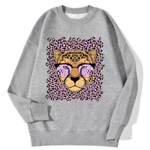 Womens Casual Loose Fleece-Backed Sweatshirt With Leopard Print