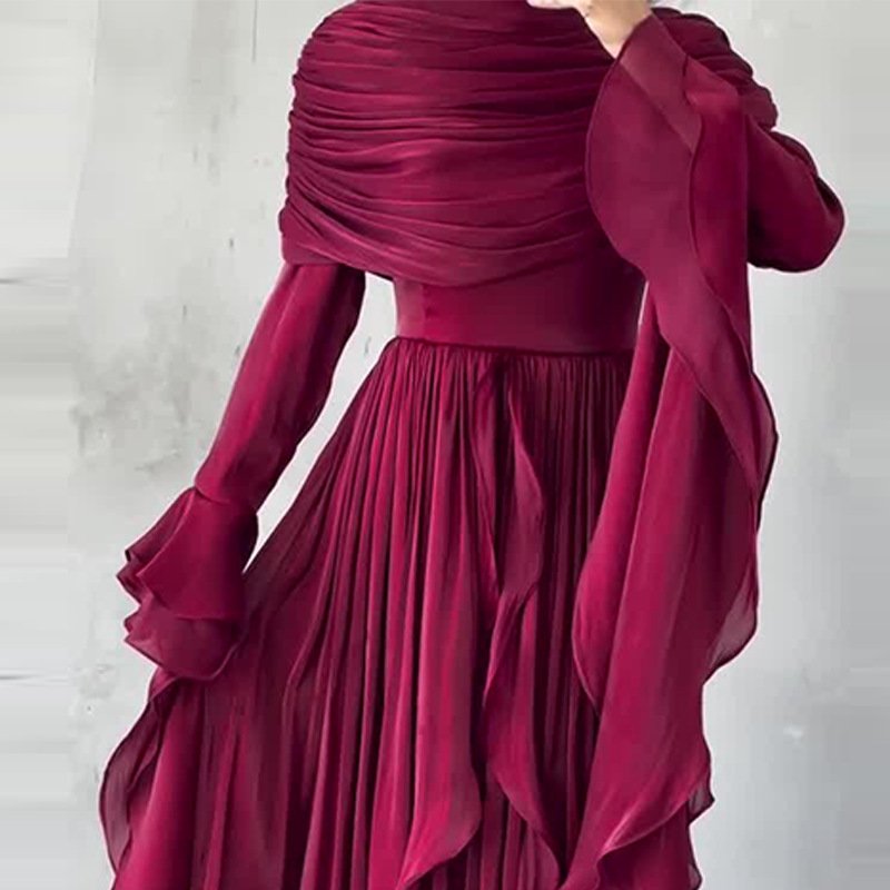 Womens Irregular Pleated Ruffle Red Elegant Long Dress - Image 2