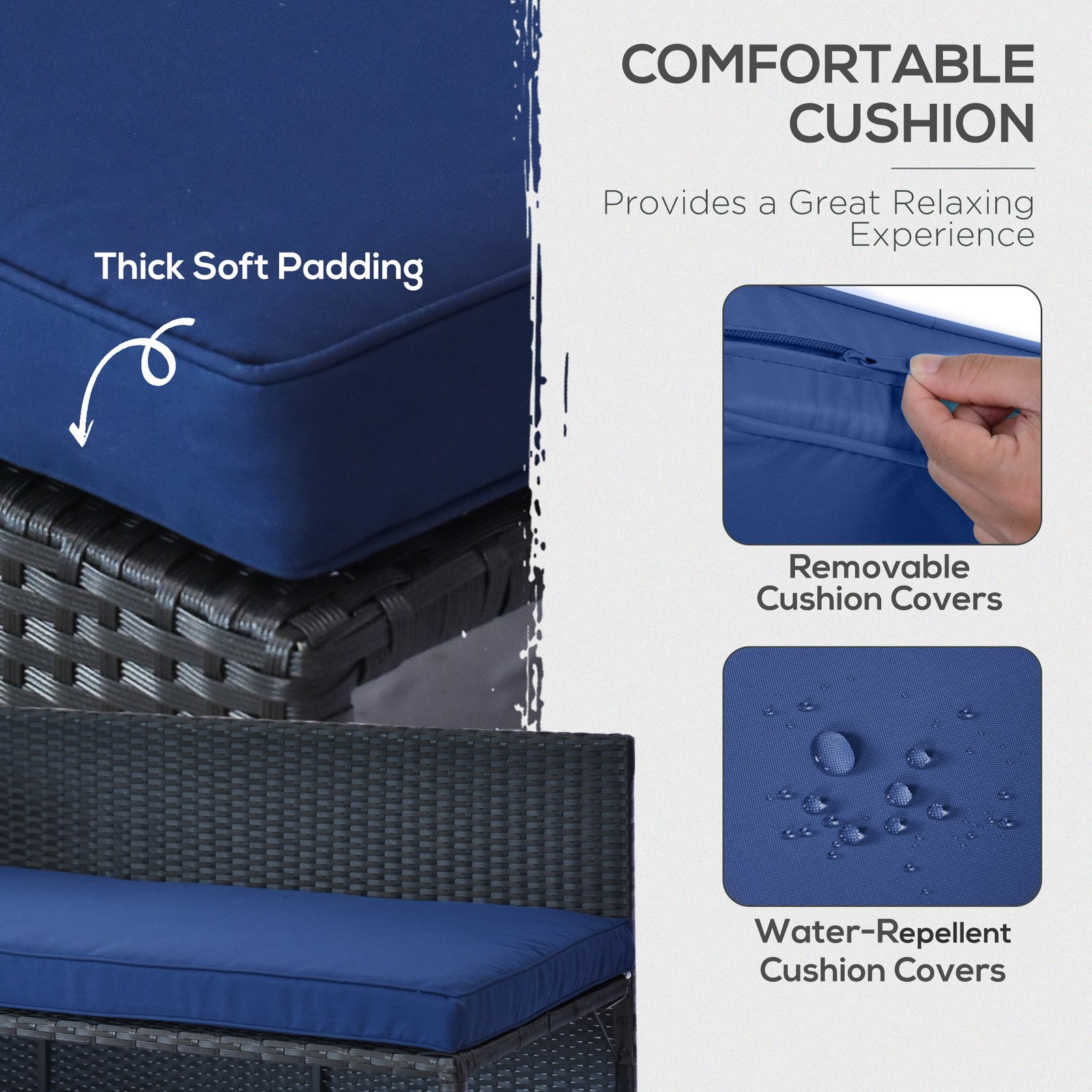 3 Piece Patio Furniture Set, Rattan Outdoor Sofa Set With Chaise Lounge & Loveseat, Soft Cushions, Tempered Glass Table, L-Shaped Sectional Couch, Blue - Image 4