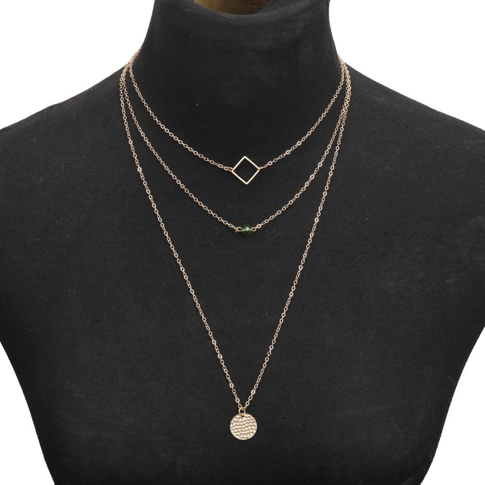 Fashionable Green Diamond Disc Square Alloy Necklace With 3 Layers - Image 4