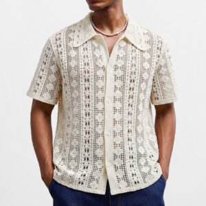 Mens Short-Sleeve Cardigan Crochet Hollow-Out Knitted Sweater