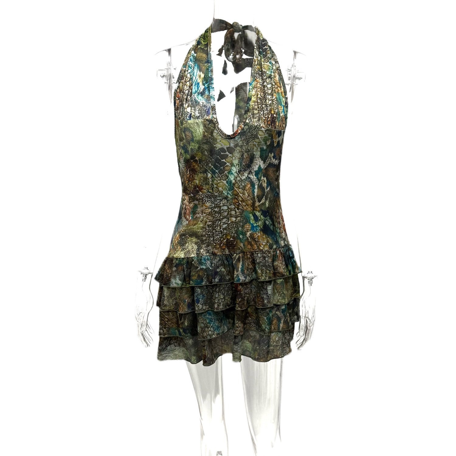 New Sleeveless Halter-neck Printed Pleated Dress - Image 5