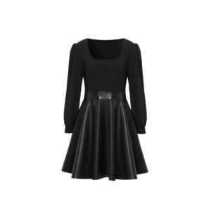 PU Leather Patchwork A-line Dress With A Square Neckline And Puff Sleeves
