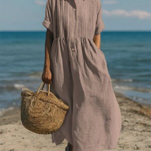 Notch-collar Button-front Pleated Short-sleeve Cotton-linen Dress