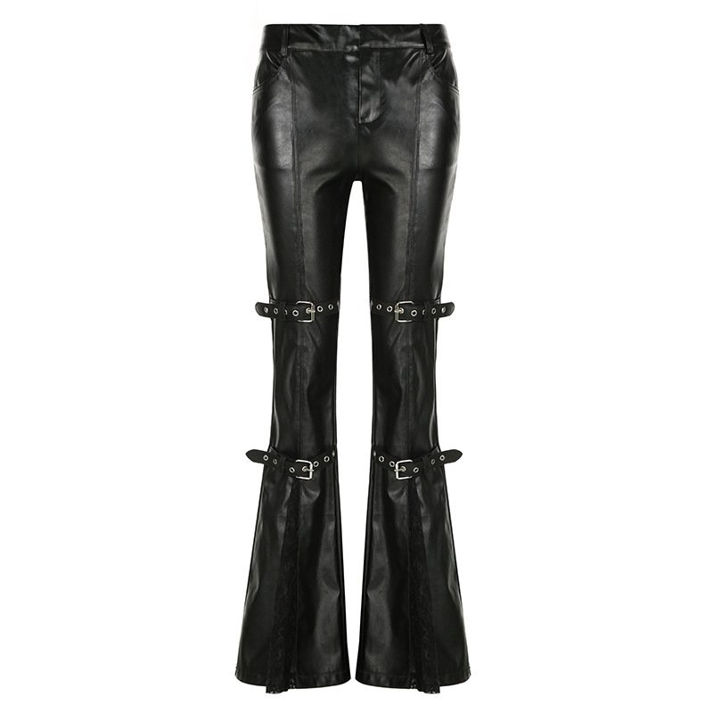 Lace Stitching Leather Bell-bottom Pants - Image 5