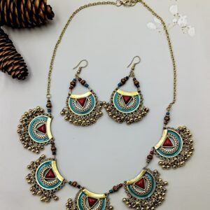 Women's Vintage Metal Indian Necklace And Earrings Suite