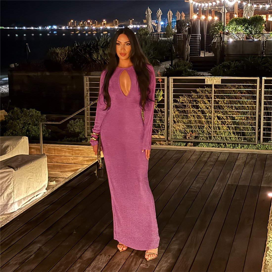 Spring Chic Commuter Gold-Stamped Sexy Hollowed-Out High-Waist Bodycon Sheath Long Dress For Women - Image 4