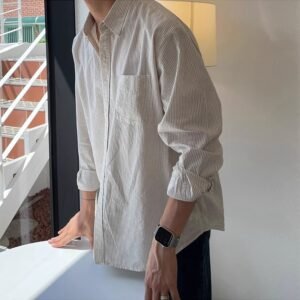 Mens Casual Loose-fitting Long-sleeve Striped Shirt