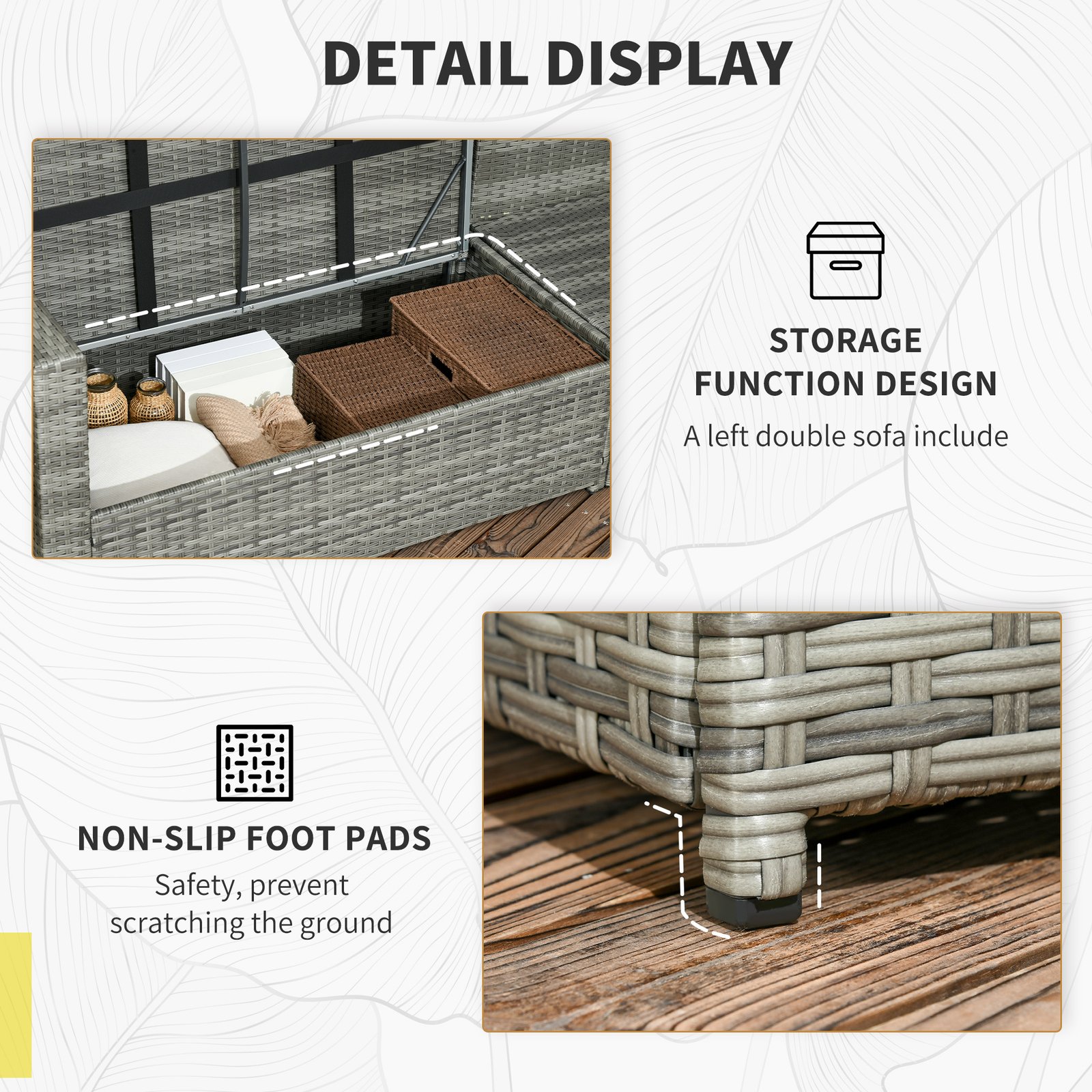 Wicker Outdoor Patio Furniture Set, L-Shaped 7 Piece Outdoor Dining Sectional Sofa with Dining Table and Chair, Storage Loveseat, Ottomans and Cushions, Mixed Gray - Image 7