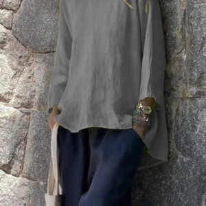 Women's Loose Linen Cotton Round Neck Long Sleeve Shirt