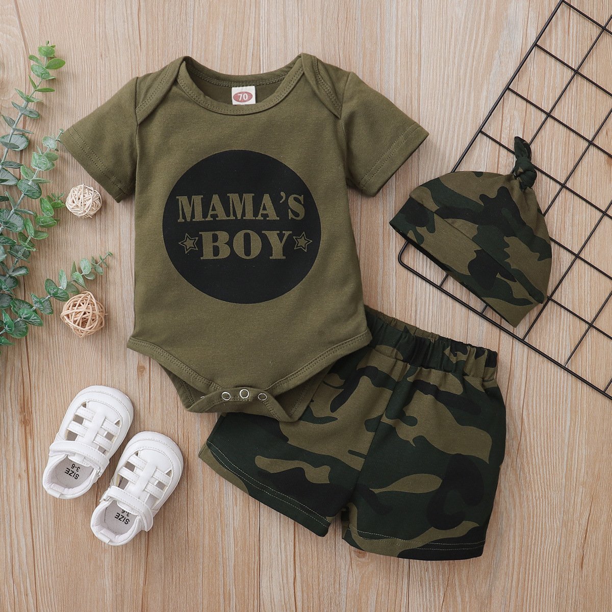 Printed Short Sleeved Camouflage Shorts And Hat Three Piece Set For Boys And Children's Clothing - Image 3