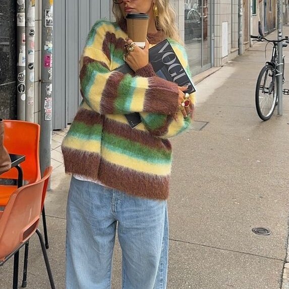 Women's New Color Round Neck Striped Knitted Sweater Fashion Loose