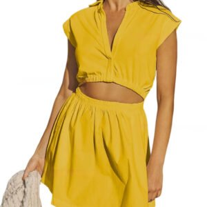 Womens V-neck Solid-Color Cleverly Defined Waistline Turn-Down Collar Midriff-Baring Short Dress
