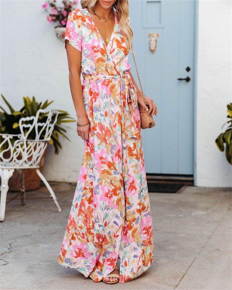 Fashion Printed Short Sleeve Lace-up Dress Women's Clothing - Image 4