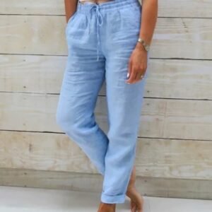 Elastic Waist Solid Cotton Hemp Pants