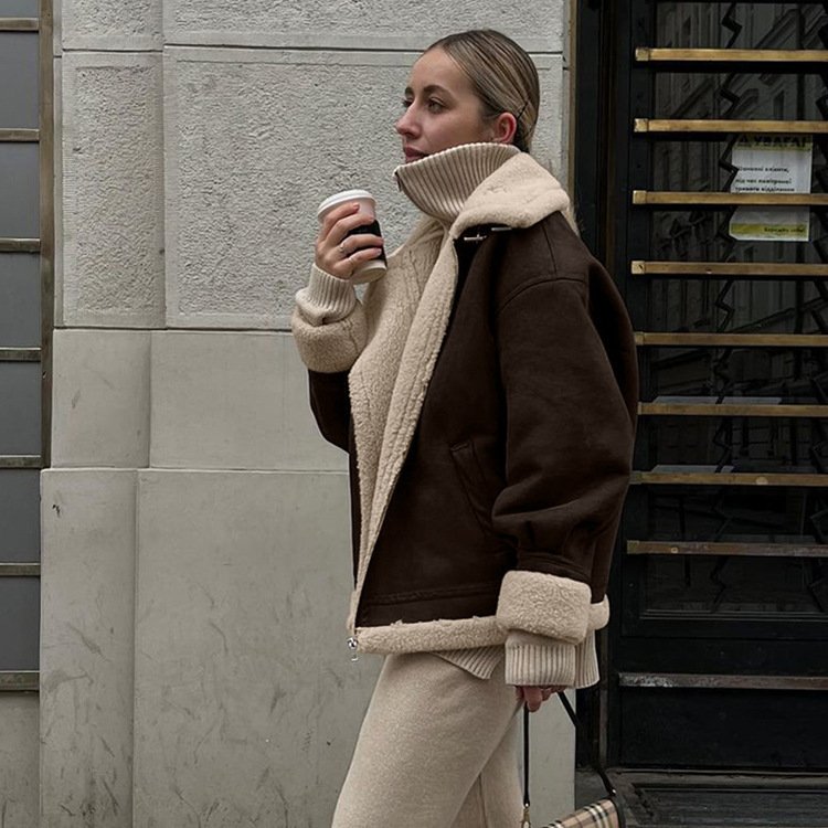 Loose Suede Lambswool Warm Vintage Jacket - Image 2